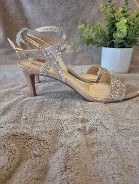 Embellished Gold Strappy Mid-Heel Sandals - Women